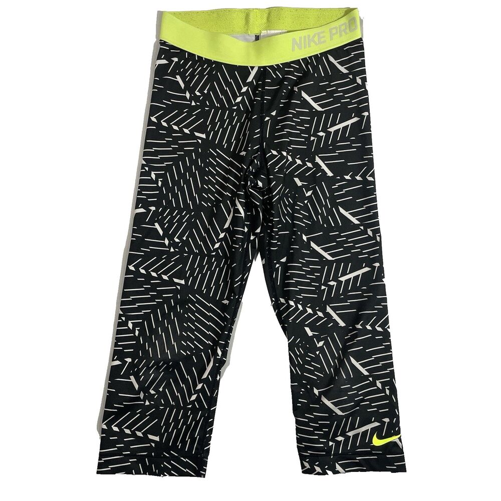 Nike Pro Capri Leggings Small Women Black Yellow Athletic Running Yoga Crop